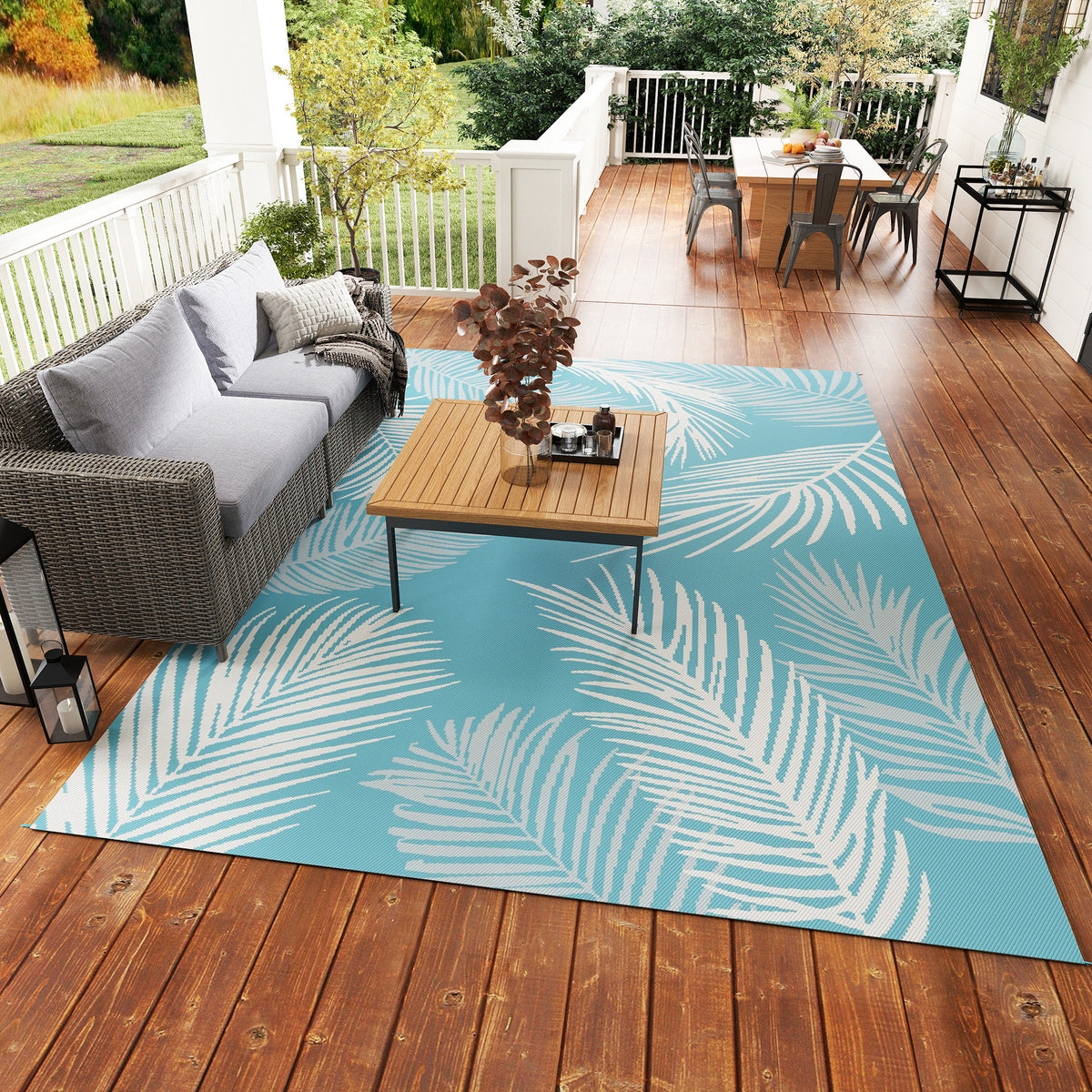 Tapis d'extérieur réversible 274x182 cm, tapis de sol en PP résistant aux intempéries, sac de transport, bleu-7