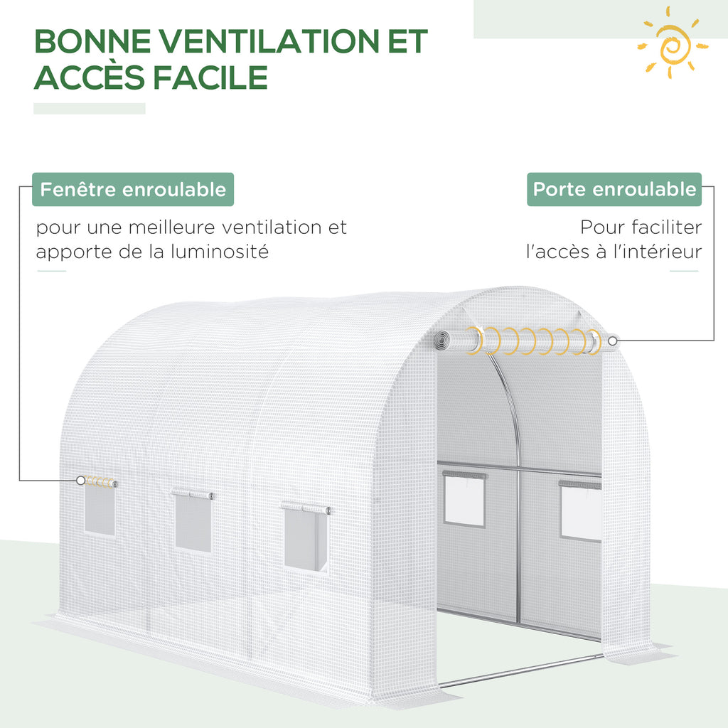 Bâche de Rechange Serre Tunnel 6 m², bâche PE Anti-UV imperméable 6 fenêtres + Porte Enroulable zippée Blanc-3