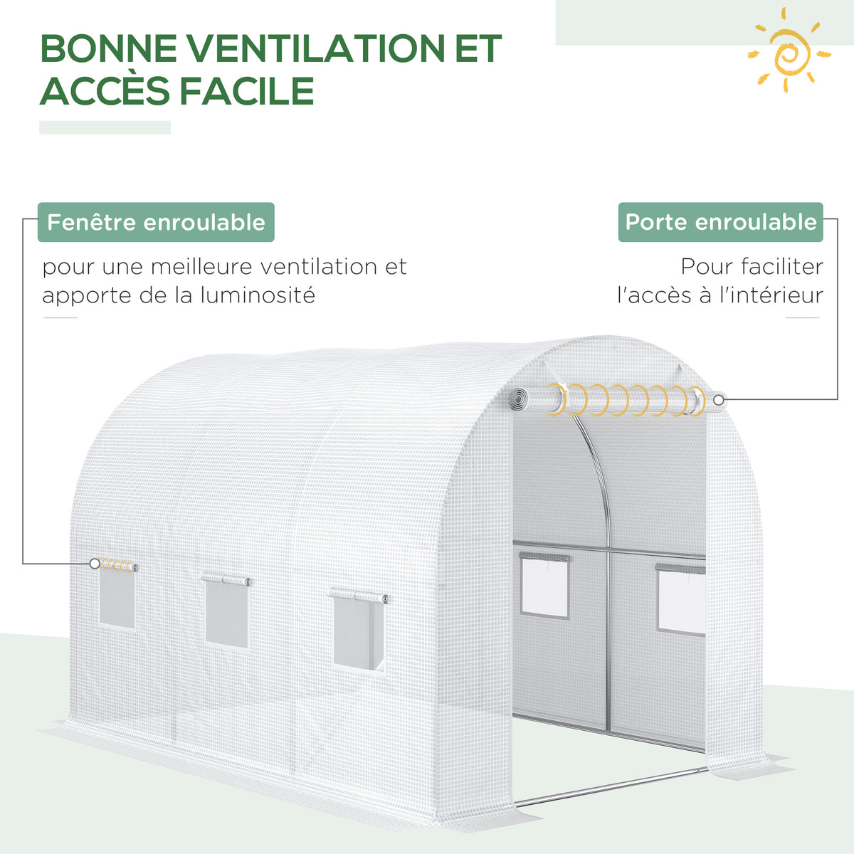Bâche de Rechange Serre Tunnel 6 m², bâche PE Anti-UV imperméable 6 fenêtres + Porte Enroulable zippée Blanc-3