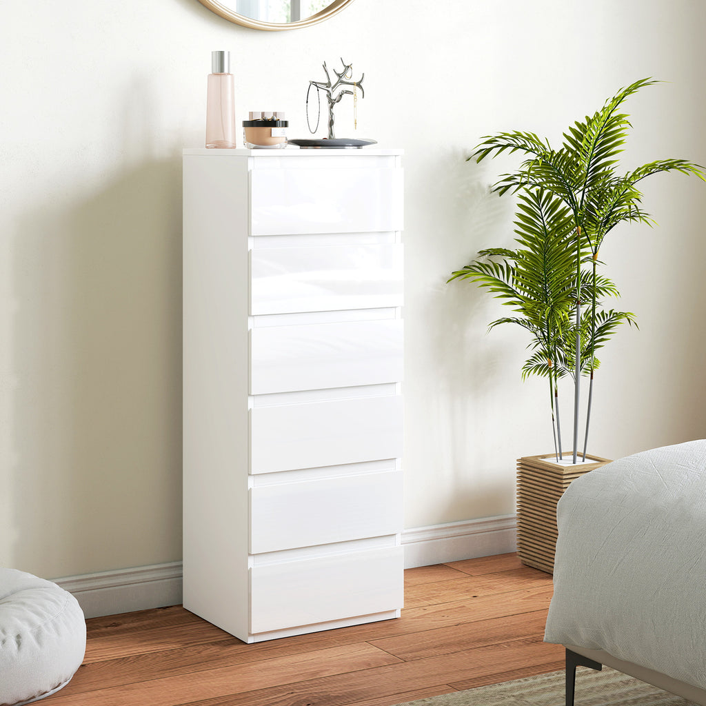 Commode 6 tiroirs à haute brillance, meuble de rangement étroit sans poignées, 40 x 35 x 109 cm, blanc-9