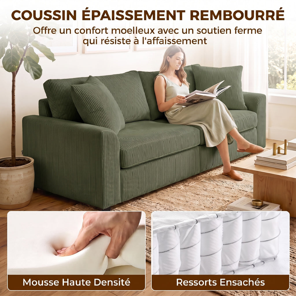 Canapé 3 places 212 cm avec 2 coussins à ressorts, tissu velours côtelé, pour salon, chambre, bureau à domicile, vert-4