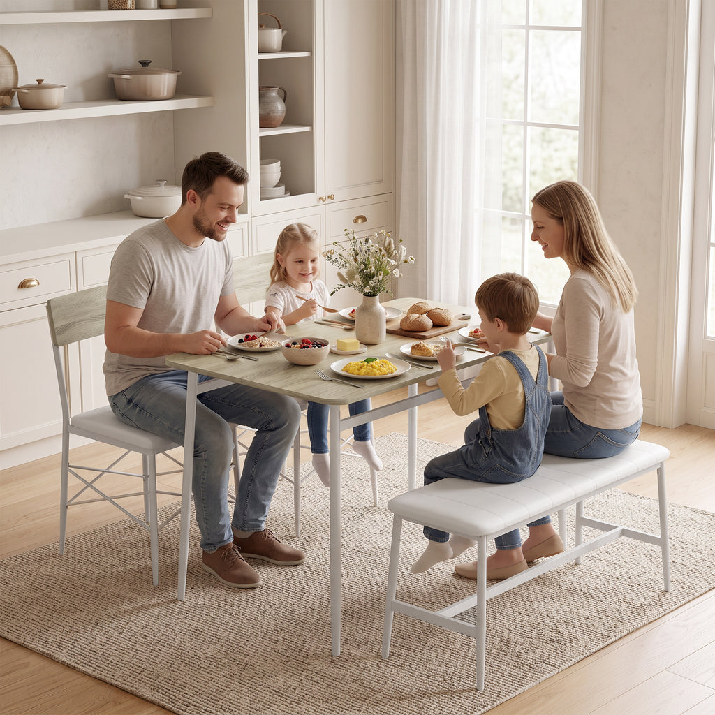 Ensemble Table Salle à Manger avec 2 Chaises et Banc, Assises Rembourrées, pour Salon, Petit Espace, Chêne et Blanc-9