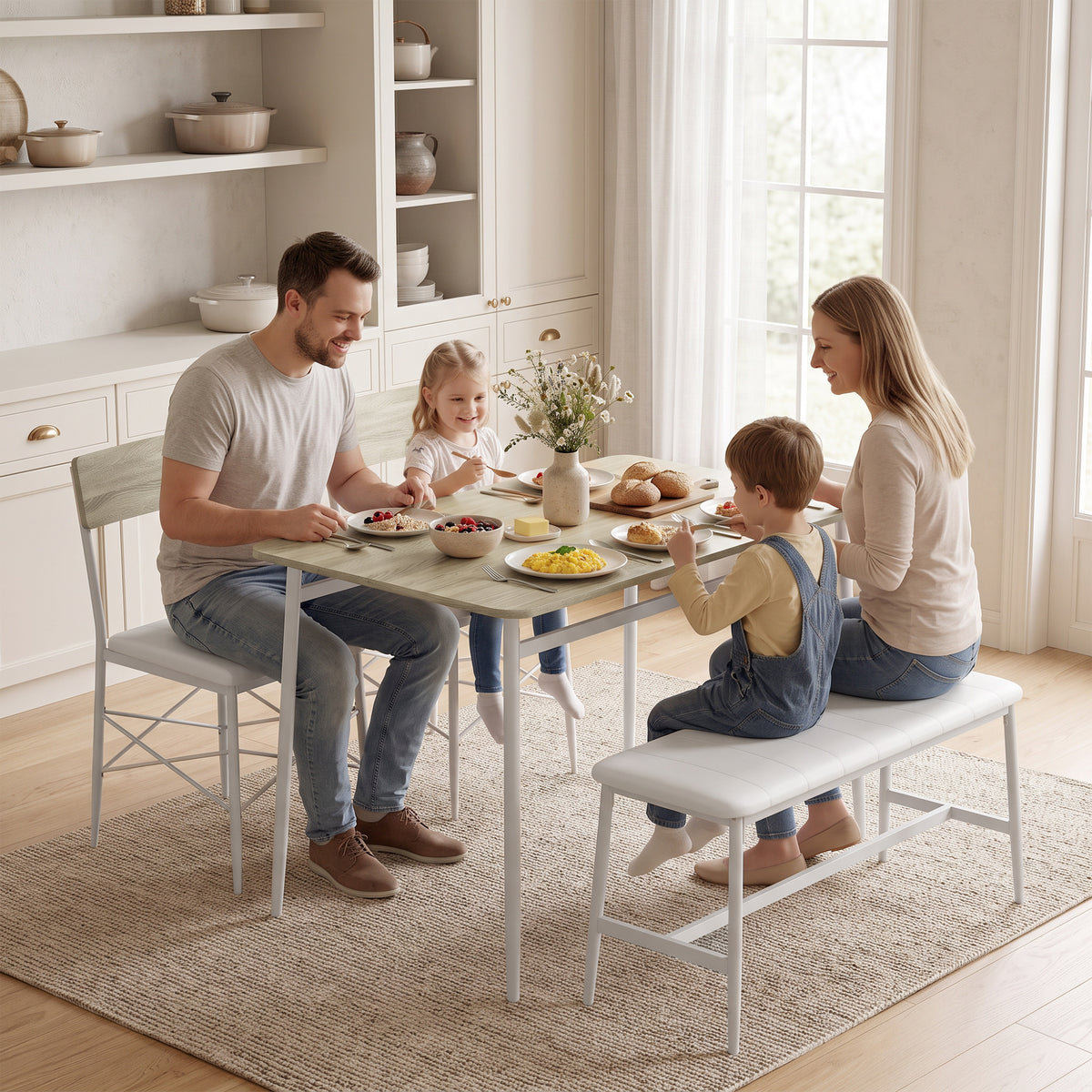 Ensemble Table Salle à Manger avec 2 Chaises et Banc, Assises Rembourrées, pour Salon, Petit Espace, Chêne et Blanc-9