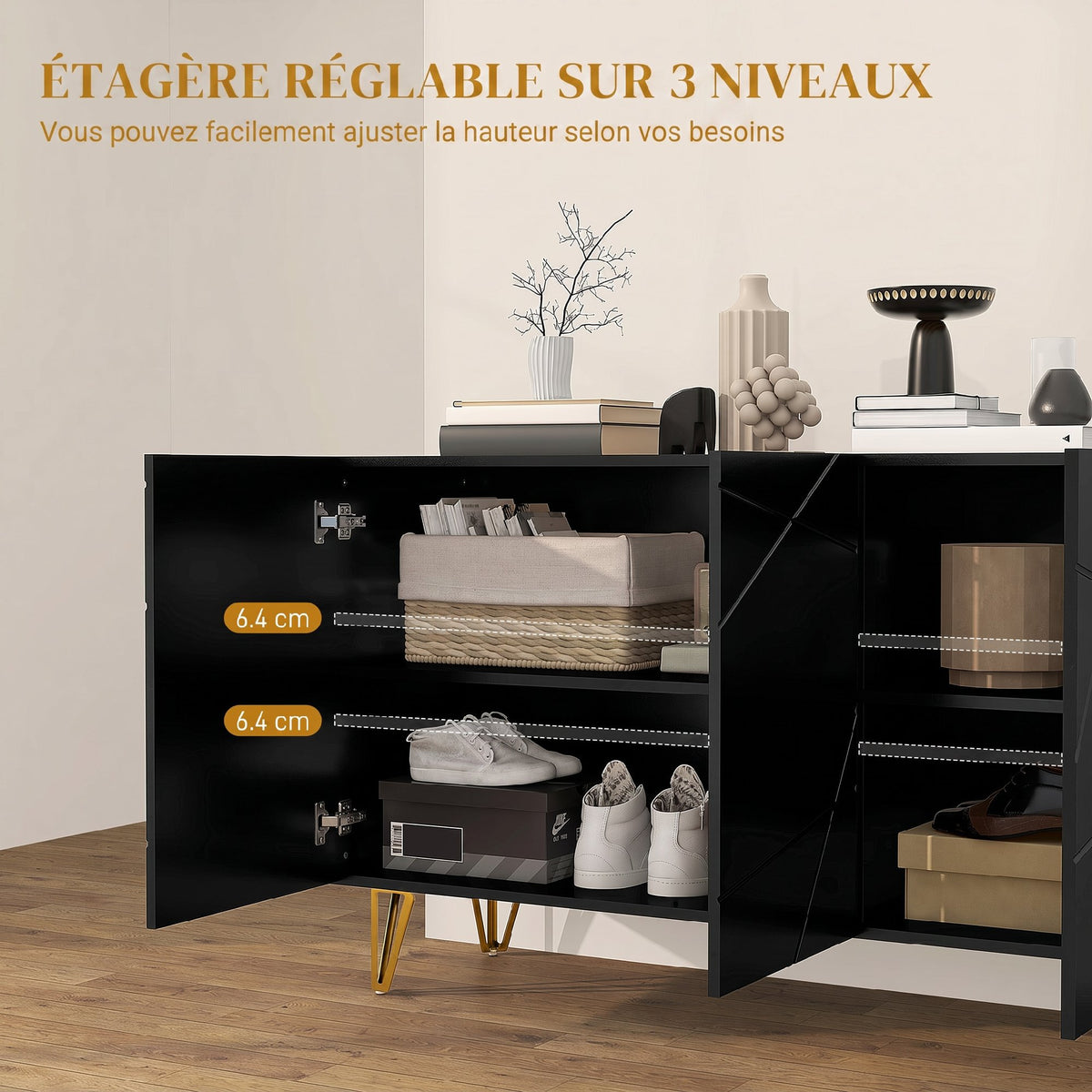 Buffet Salon, Meuble de Rangement à Haut Brillance, 3 Portes à Fermeture Douce et Étagères Réglables, 120x40x75cm, Noir-5