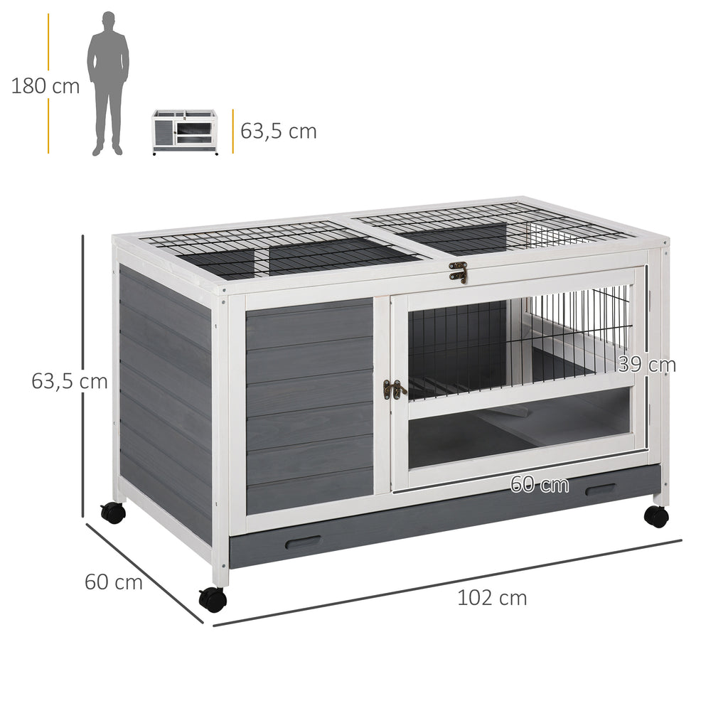 Clapier en bois cage à lapin villa pour lapin avec plateau coulissant, porte verrouillable, dessus ouvrable gris-2