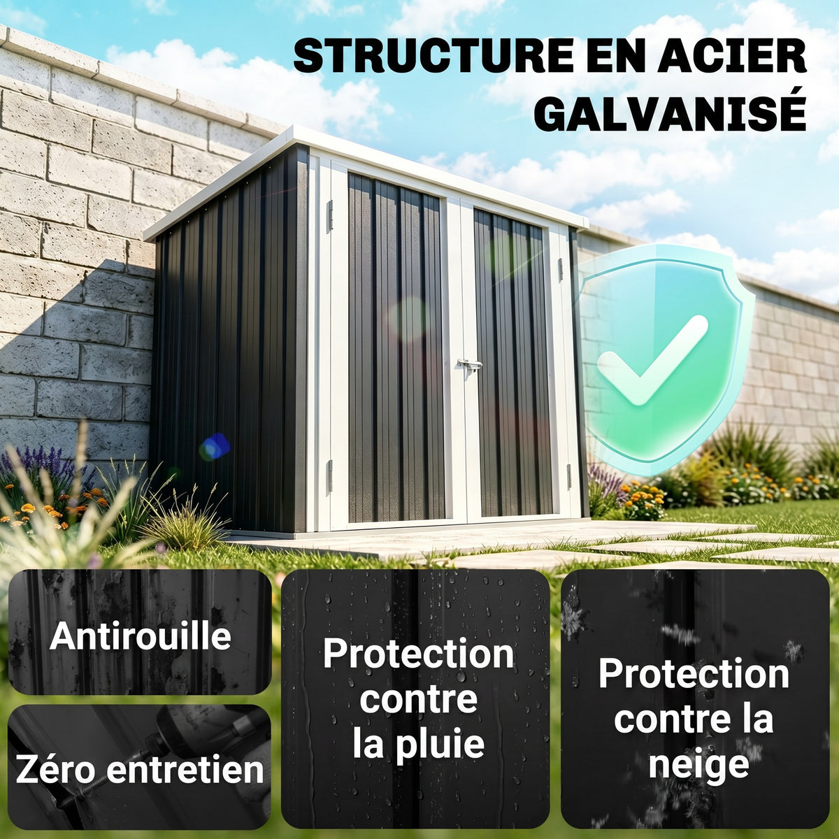 Abri de Jardin - cabane de jardin 1,09 m² - cabanon rangement outils 2 Portes verrouillables - dim. 147L x 86l x 134H cm - tôle d'acier Noir Blanc-3