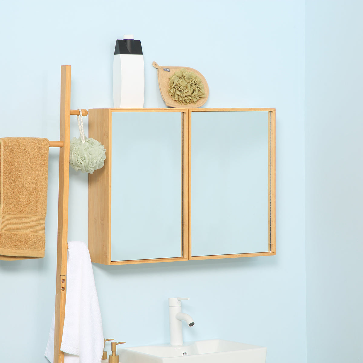 Armoire murale de salle de bain avec miroirs et 2 portes en bambou 65,2 x 14 x 50 cm-1