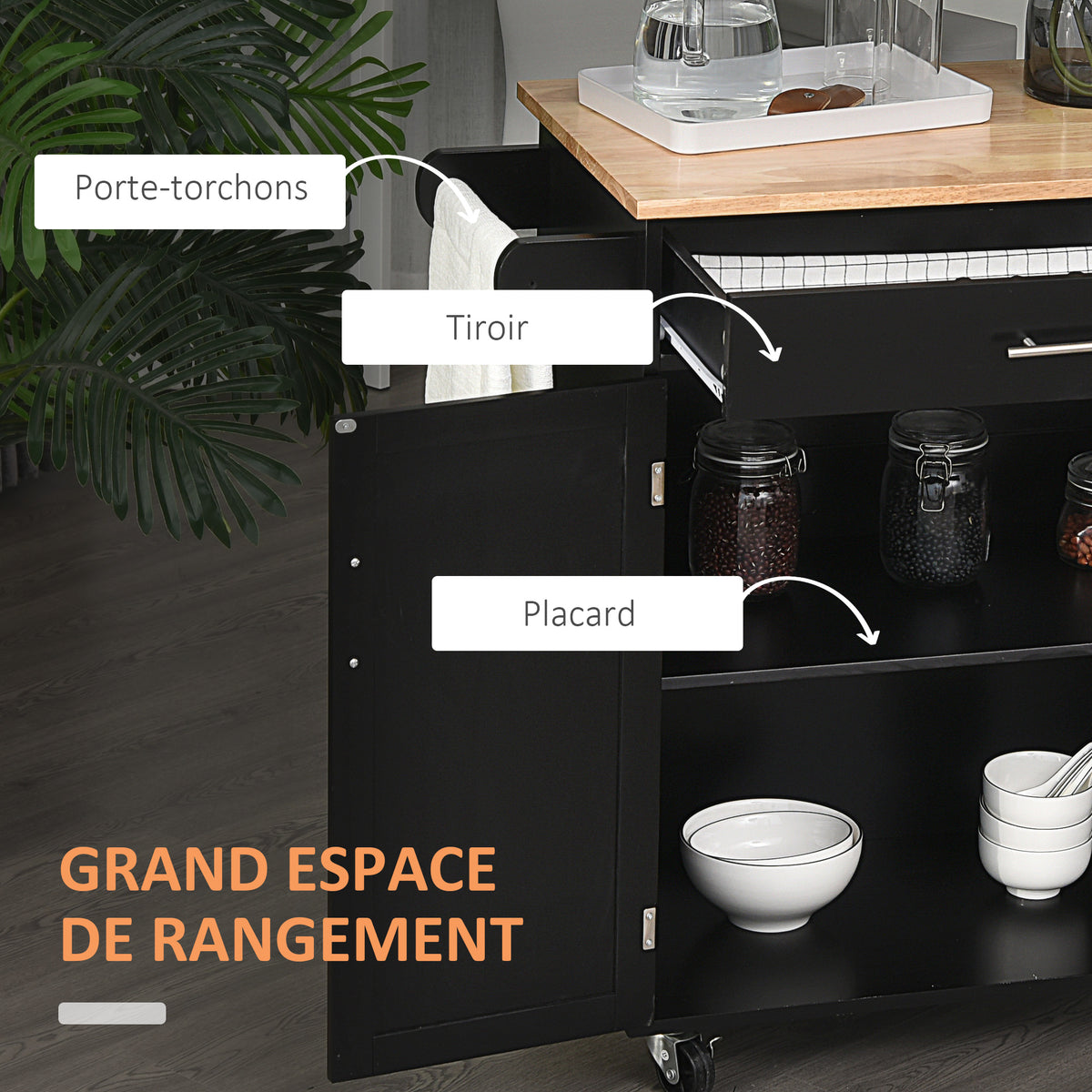 Desserte de cuisine sur roulettes chariot de service Ilot de cuisine avec tiroir de placard et porte-torchons - 83l x 45P x 91,5H cm noir-3