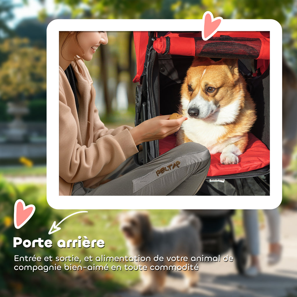 Poussette pour chien chariot pliable 3 roues tout-terrain EVA 12" auvent ajustable 2 laisses 109,5x57,5x106,5cm rouge-7