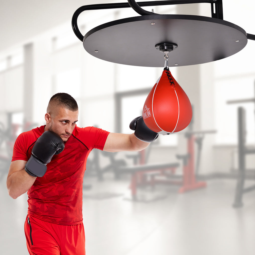 Punching Ball Poire de Vitesse Boxe avec Support Plateau tournant + Pompe en bois Hauteur Réglable Acier revêtement synthétique Rouge Noir-1