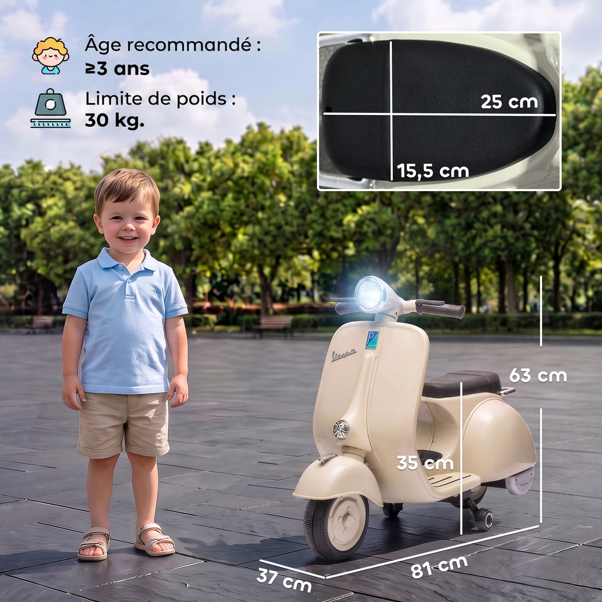 Moto Électrique Enfants VESPA sous Licence, Vitesse Max 5 Km/h, Musique & Lumière, 3+ ans, Blanc-2
