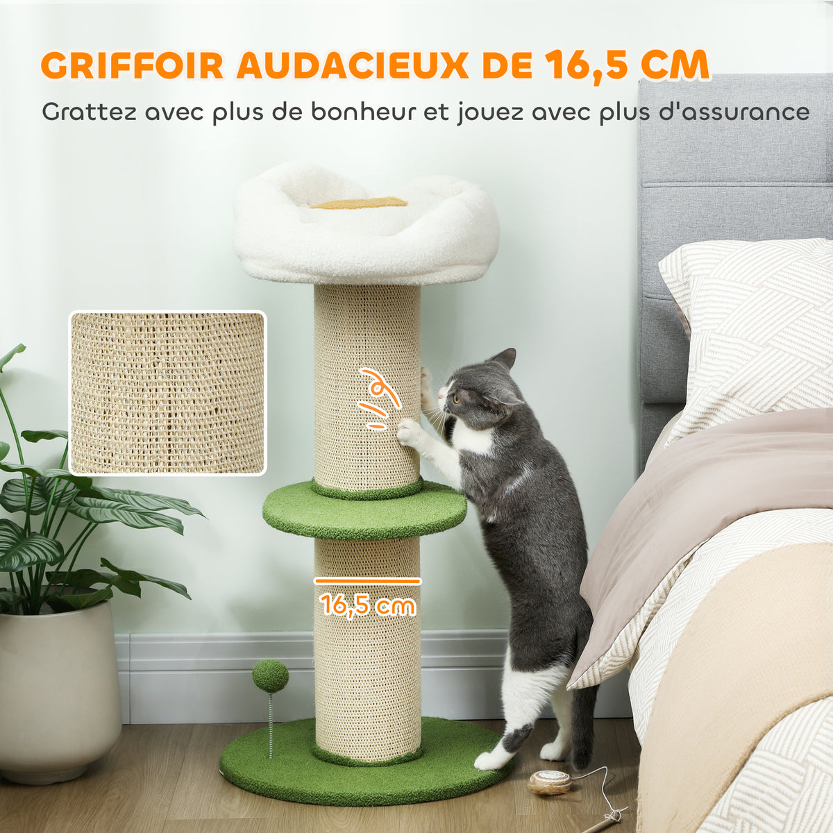 Arbre à chat à fleurs à 3 niveaux, tonneau à gratter pour chats plateforme et balle poteau en sisal, Ø 45 x 92 cm, vert-3