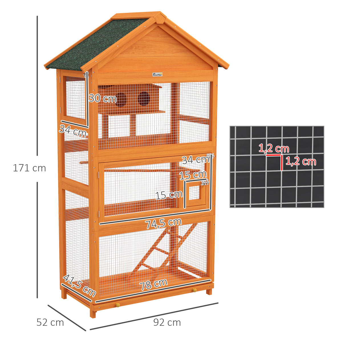 Cage à oiseaux en bois cage perroquet aire de jeux toit asphalte imperméable 92 x 52 x 171 cm orange-2