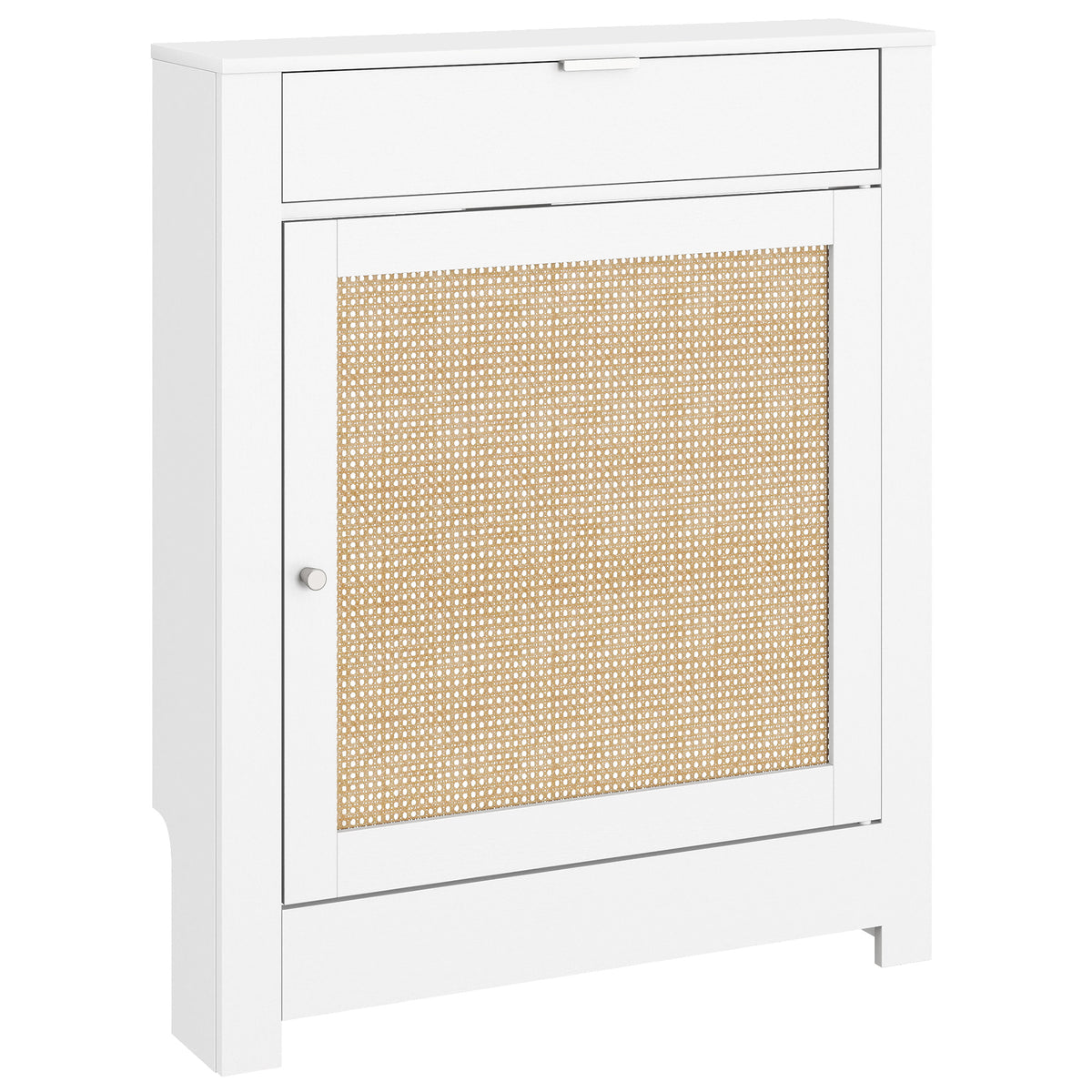 Cache-Radiateur avec Placard Rabattable et Porte en Rotin, Couvercle de Radiateur en Bois avec Compartiment, Blanc-0