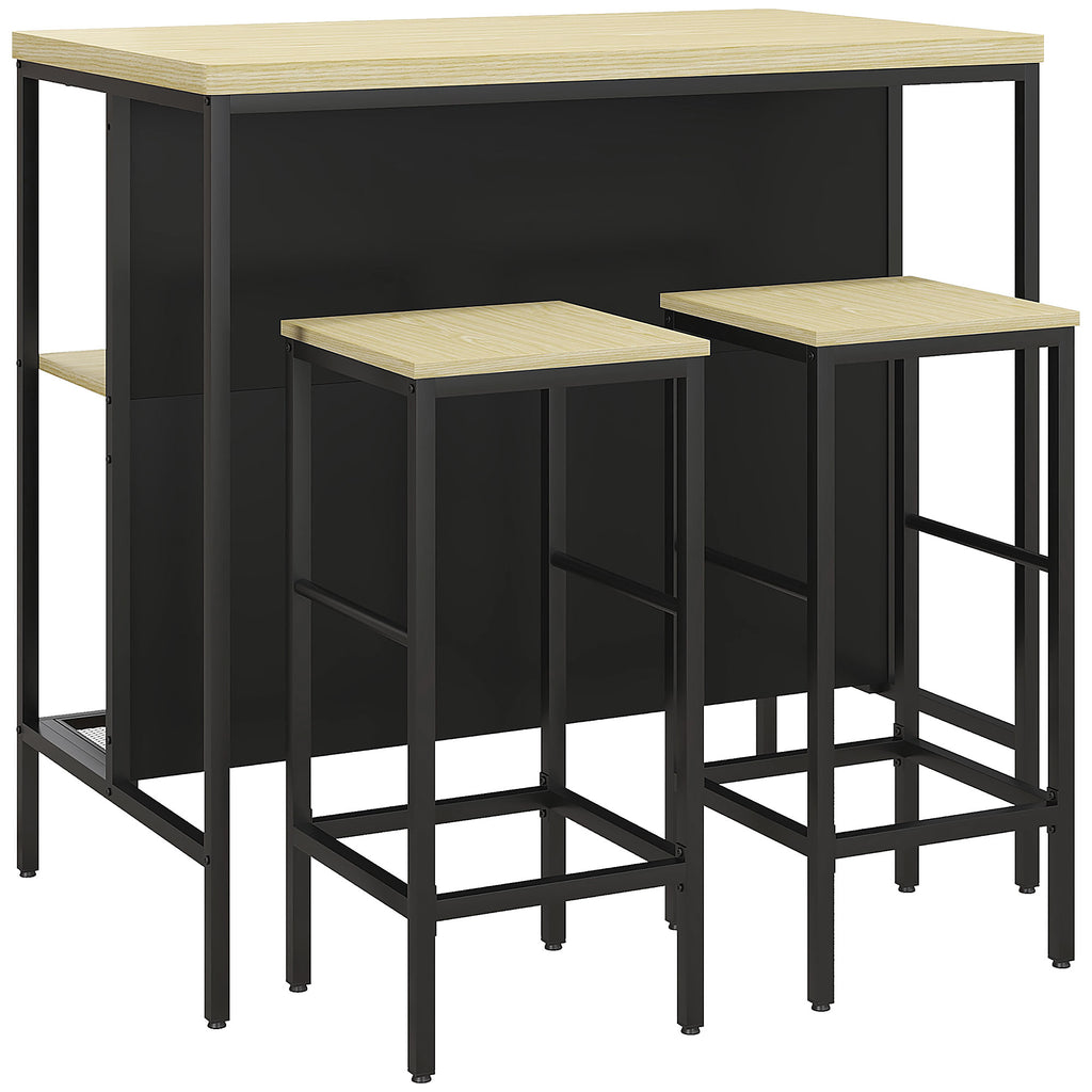 Ensemble table de bar et 2 tabourets style industriel avec étagère de rangement, repose-pieds, métal noir et aspect bois-0