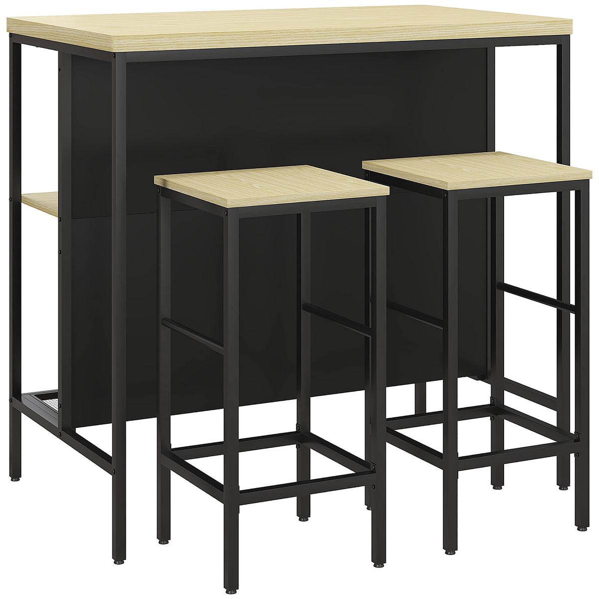 Ensemble table de bar et 2 tabourets style industriel avec étagère de rangement, repose-pieds, métal noir et aspect bois-0