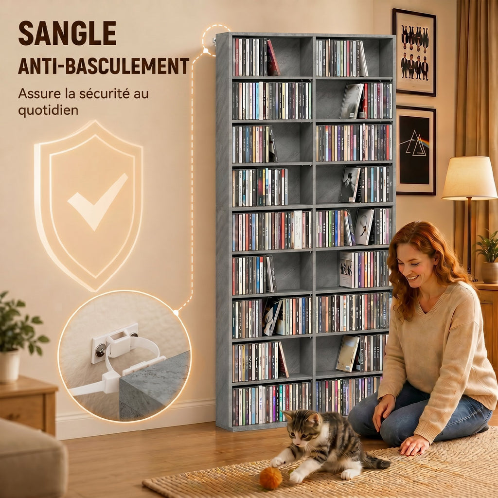 Rangements pour CD et DVD 18 compartiments capacité max. 640 CD/360 DVD 430 Blu-ray 78,5 x 24 x 175 cm gris clair-5