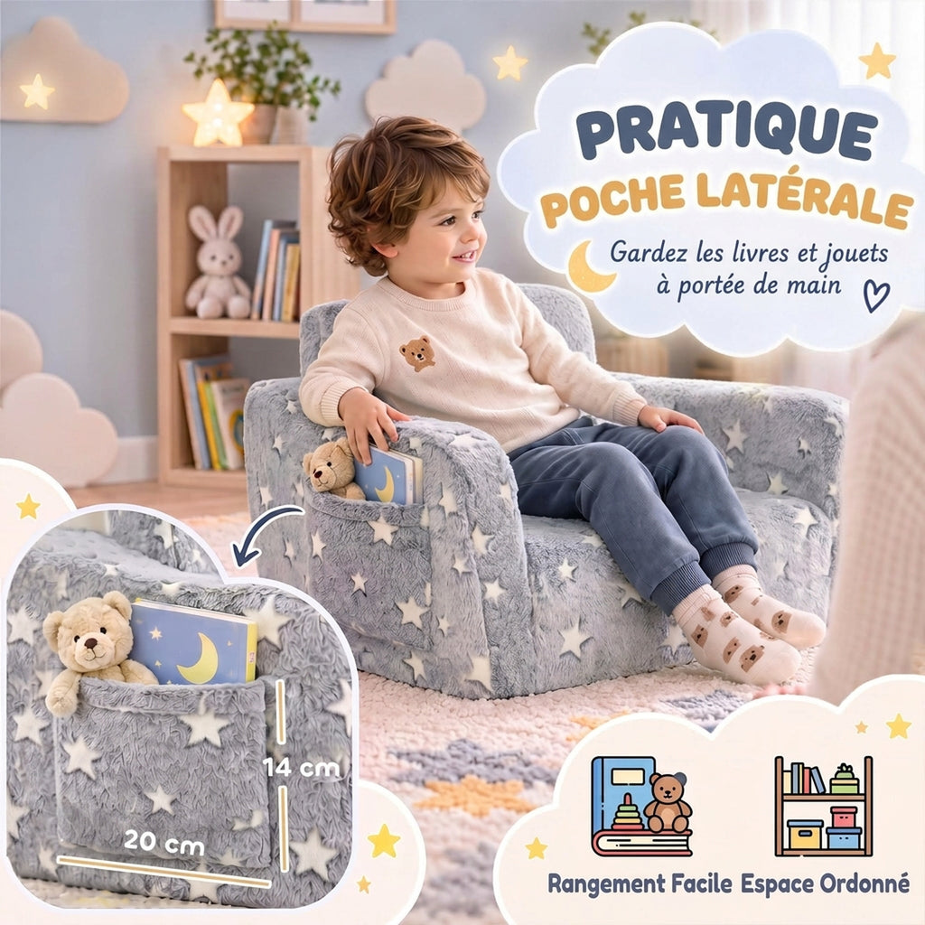 Canapé enfant 2 en 1, fauteuil pour enfant avec étoiles phosphorescentes, dépliable en méridienne, gris-6