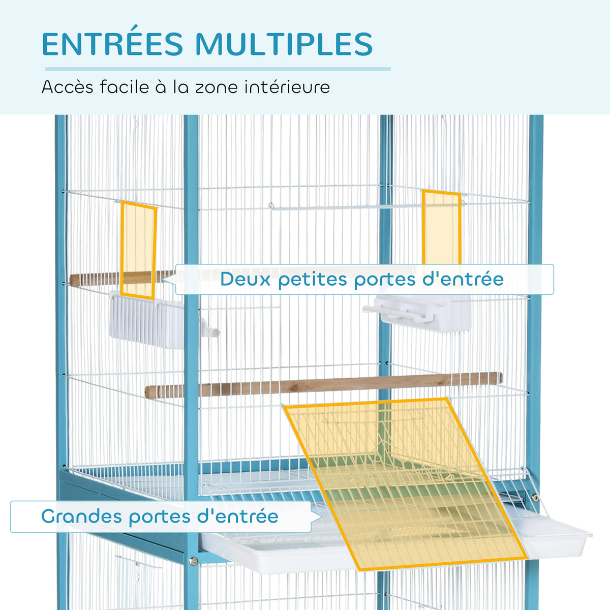Grande Cage à Oiseaux sur Pied Double avec Mangeoires Perchoirs Plateau Amovible Roulettes 51,5 x 50 x 140 cm Bleu Clair-4