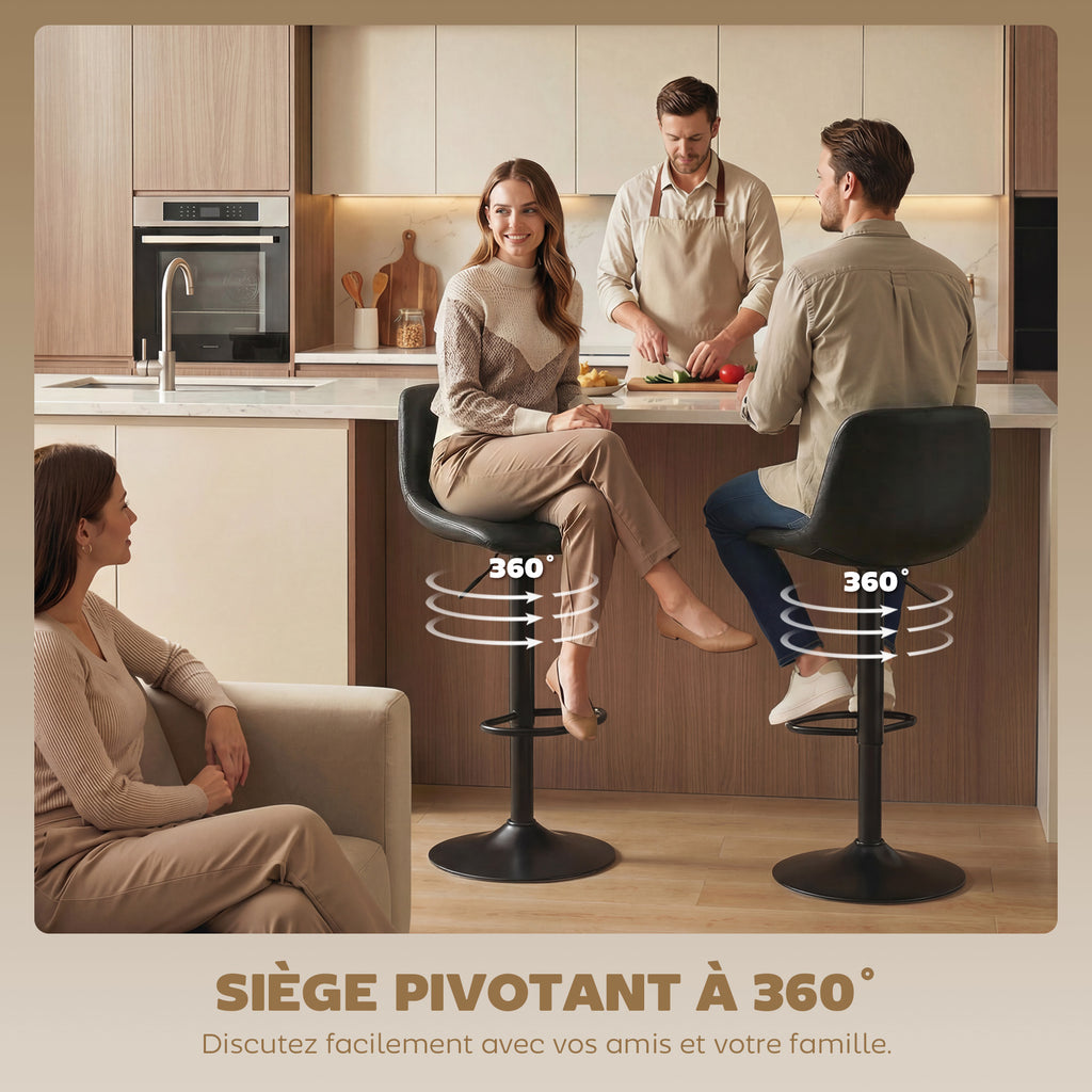 Lot de 2 tabourets de bar, chaises de bar hauteur réglable, dossier et repose-pieds, pivotant 360°, pieds en acier, noir-4