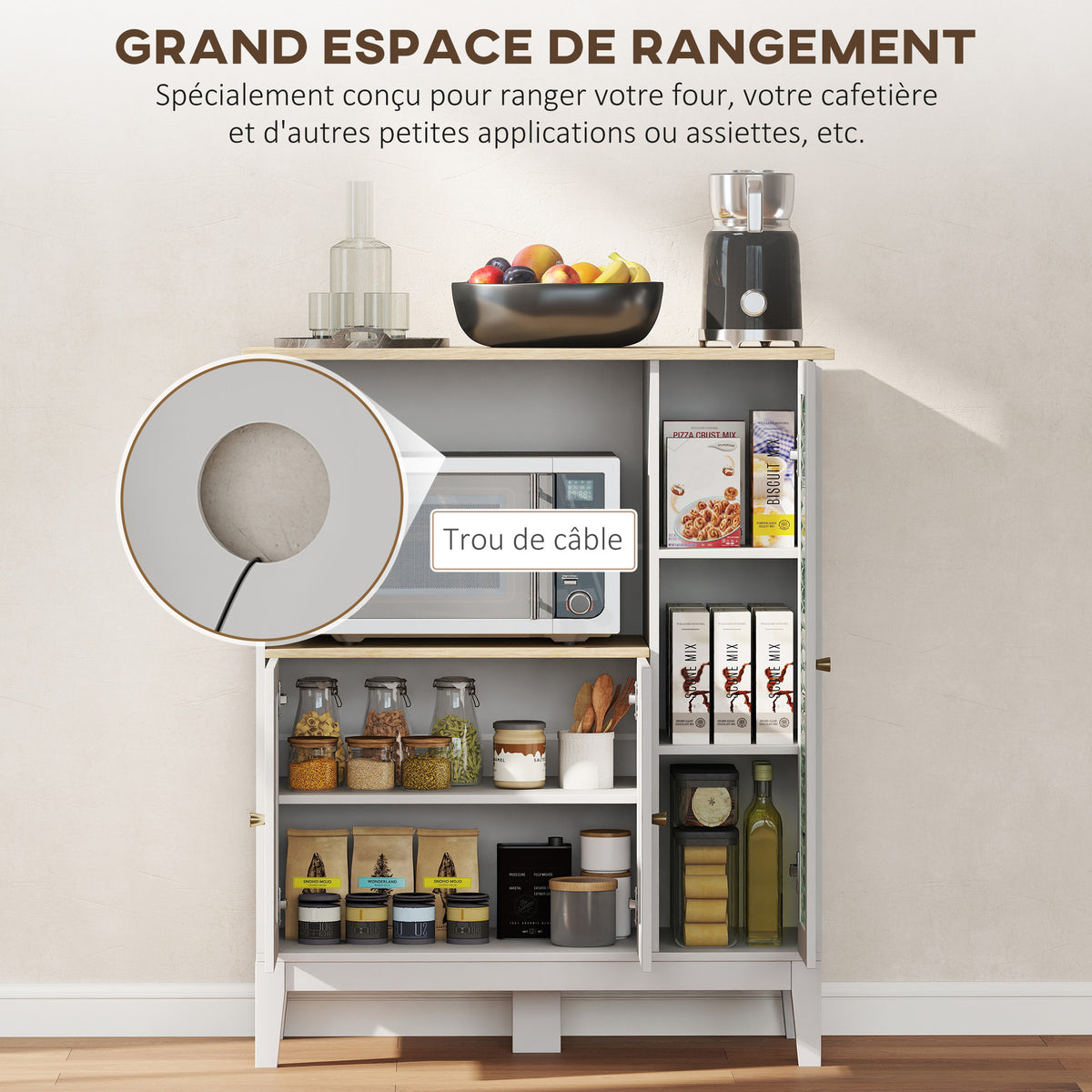 Meuble armoire micro-ondes pour cuisine avec 1 niche, 3 portes passe-câbles 80 x 35 x 97 cm blanc et aspect bois-3