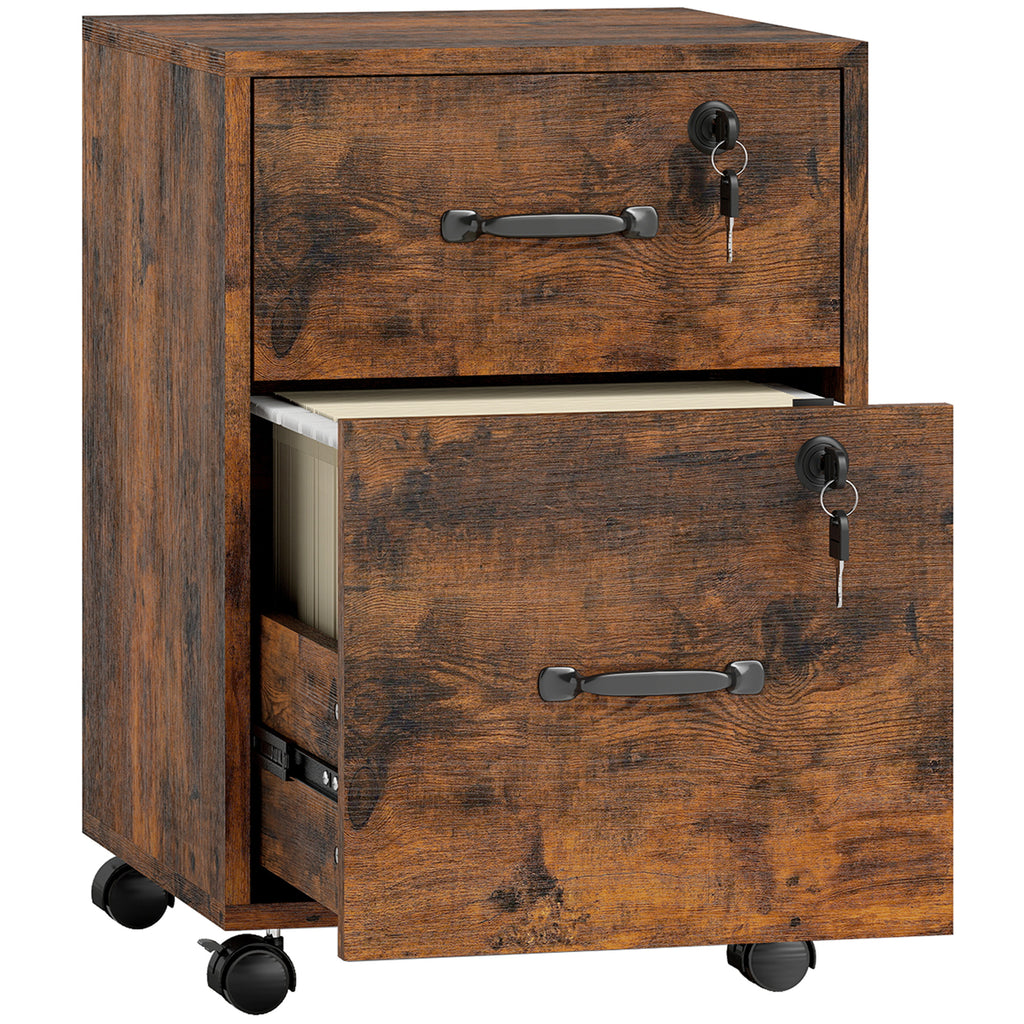 Caisson bureau mobile à 2 tiroirs, meuble rangement bureau sur roulettes pour documents suspendus format lettre, marron-0
