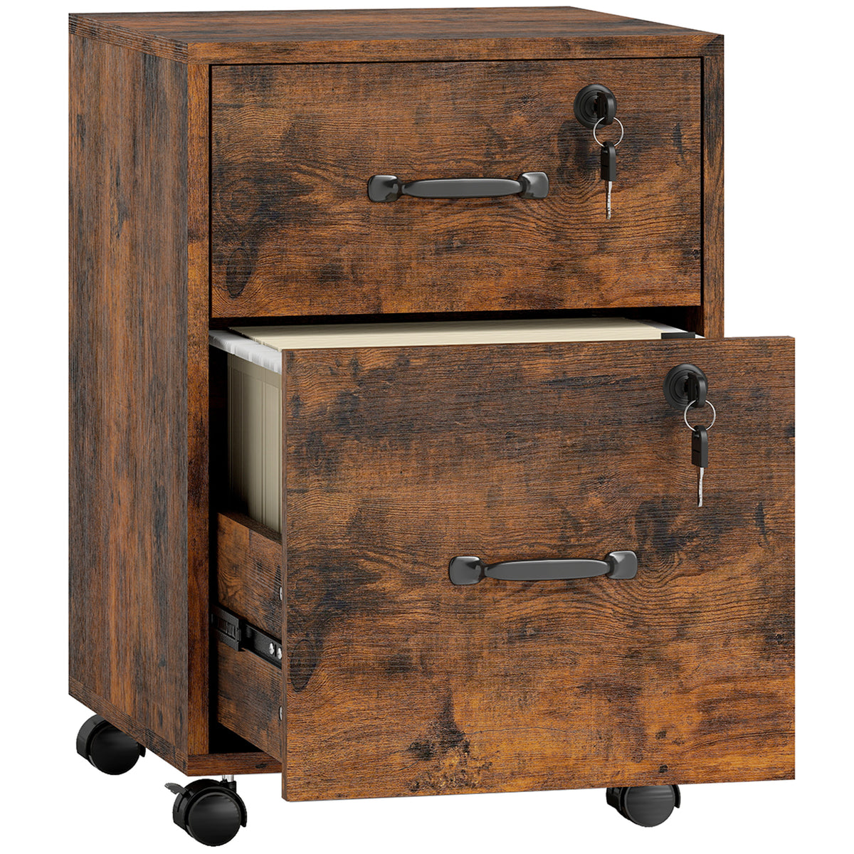 Caisson bureau mobile à 2 tiroirs, meuble rangement bureau sur roulettes pour documents suspendus format lettre, marron-0