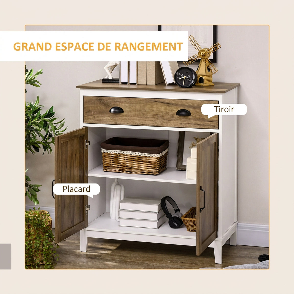 Buffet Salon, Meuble de Rangement avec 2 Portes, Tiroir, Étagère Réglable, 78,5 x 39 x 89,4 cm, Blanc et Chêne-3