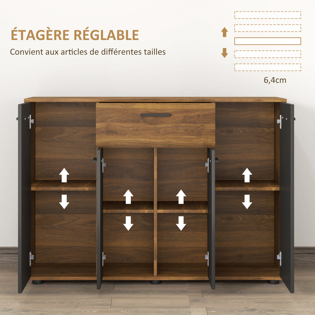 Buffet salon meuble de rangement avec 4 placards, tiroirs et étagères réglables, dim. 120 x 35 x 85 cm, marron et noir-5