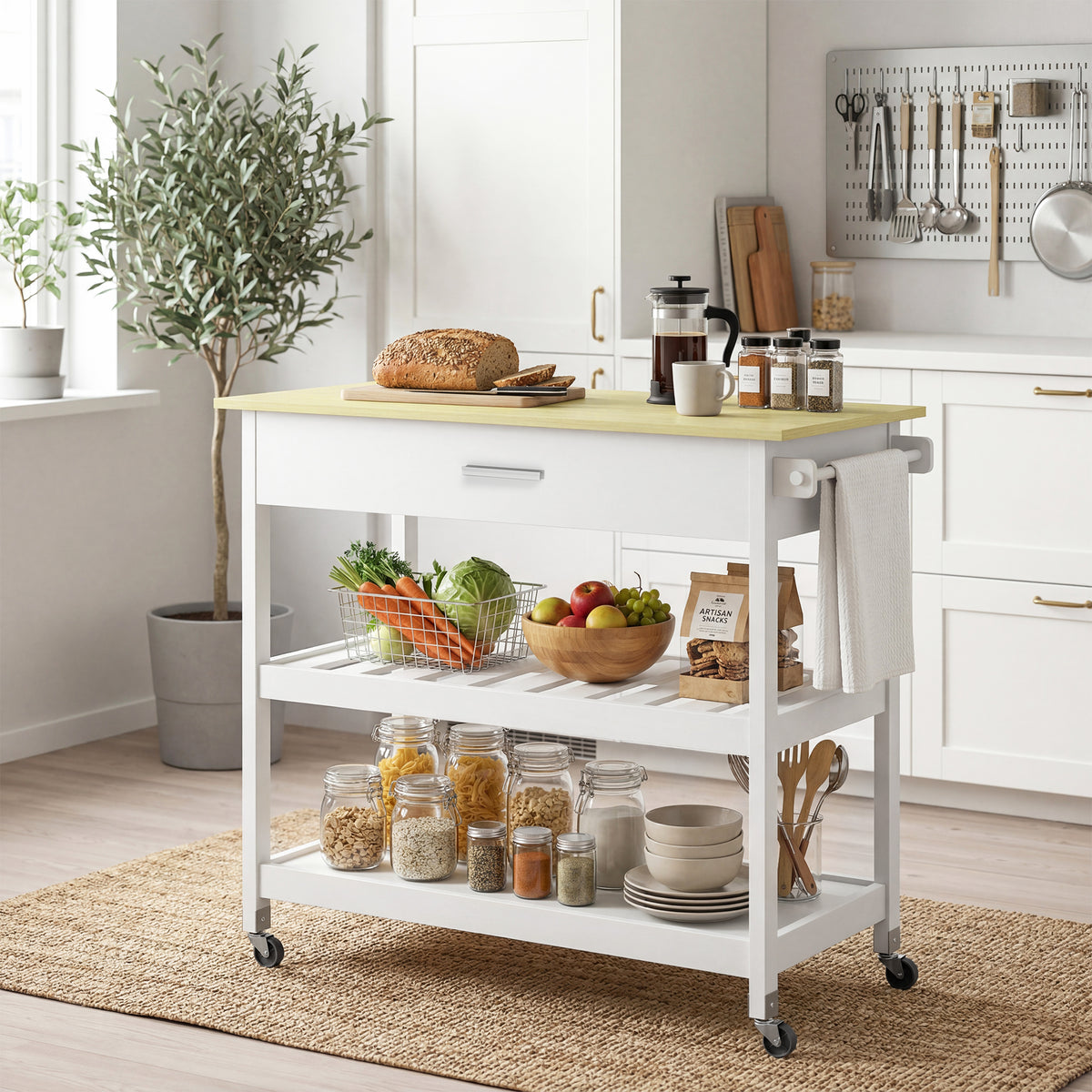 Desserte de cuisine à roulettes, îlot central cuisine avec plan de travail, tiroir, étagères, porte-serviettes, blanc-9