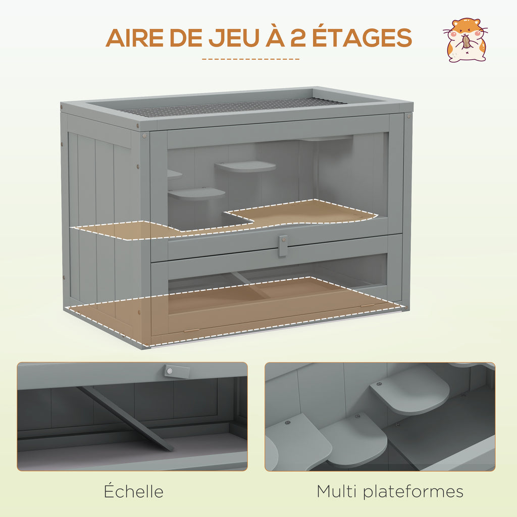 Cage pour hamsters souris petits rongeurs multi-équipements rampe plateformes toit ouvrant grillagé 60 x 35 x 42 cm gris-3