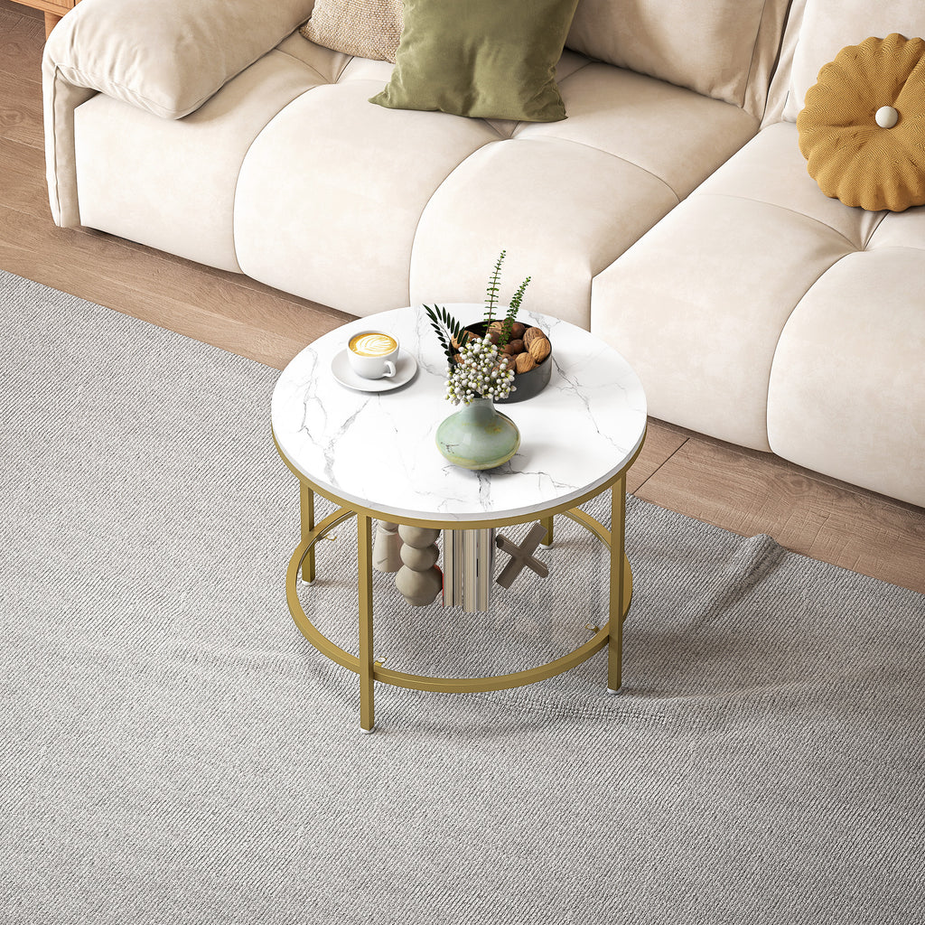 Table basse salon ronde moderne à 2 niveaux plateau effet marbre et étagère en verre trempé, Ø 60 x 45 cm, blanc et doré-8