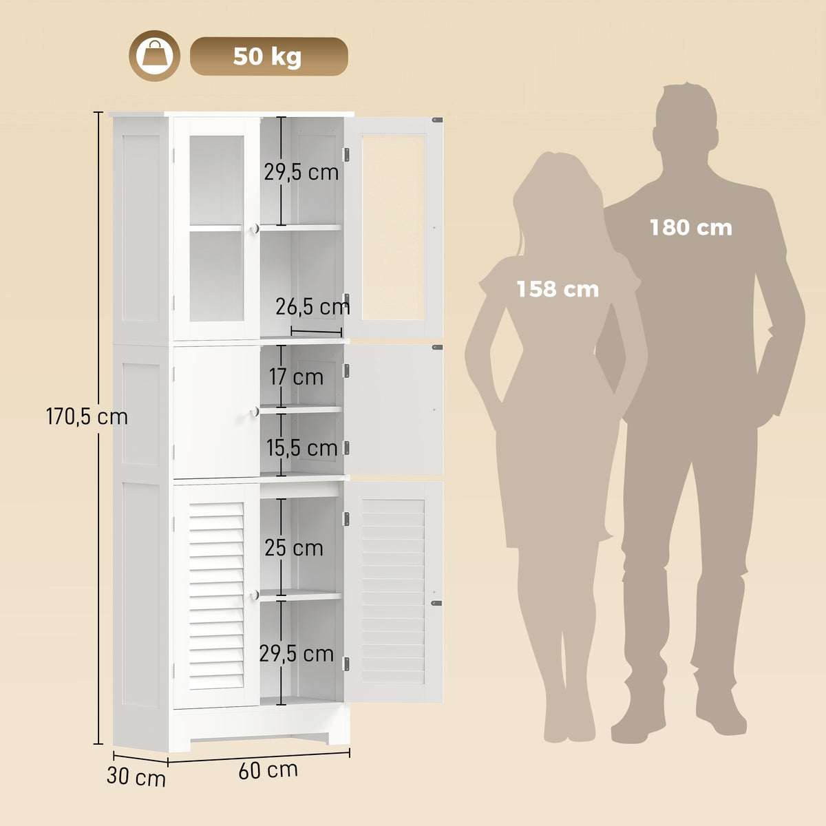 Meuble de salle de bain haut, meuble de rangement avec 6 portes dont 2 vitrées et 2 persiennes, étagère réglable, blanc-2