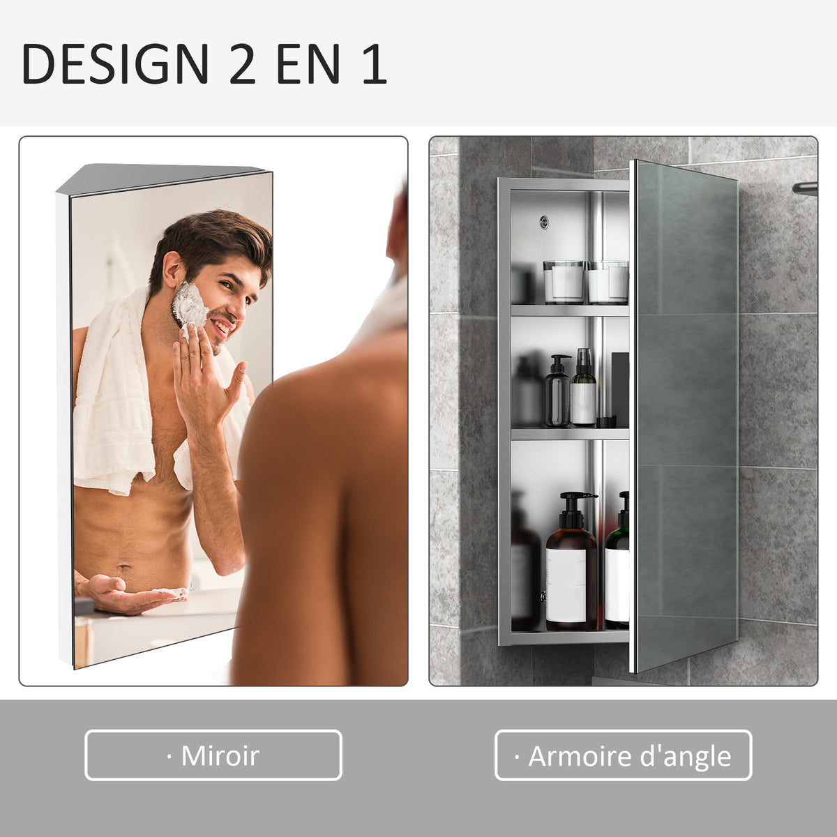 Armoire Miroir Salle de Bain Armoire de Toilette Murale Meuble d'angle 2 étagères dim. 30L x 18,4l x 60H cm Acier INOX.-4