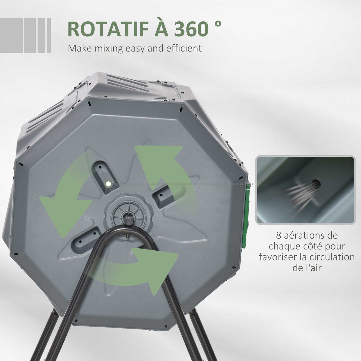 Composteur de Jardin - bac à Compost pour déchets - Rotatif 360° - Double Chambre 160 L - Acier PP Gris-4