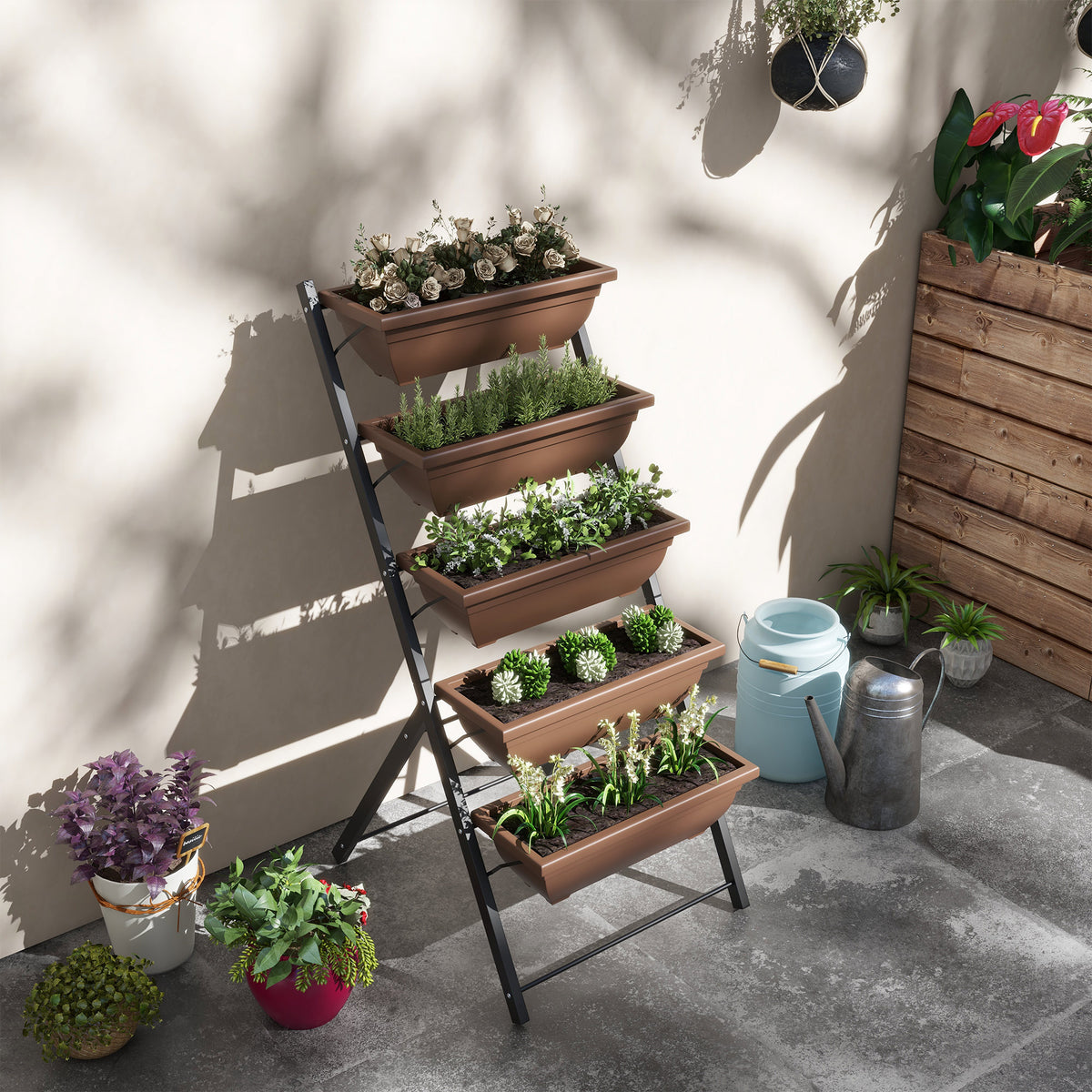 Jardinière surélevée avec étages jardinière verticale avec 5 bacs à fleurs trous de drainage cadre en acier marron-7