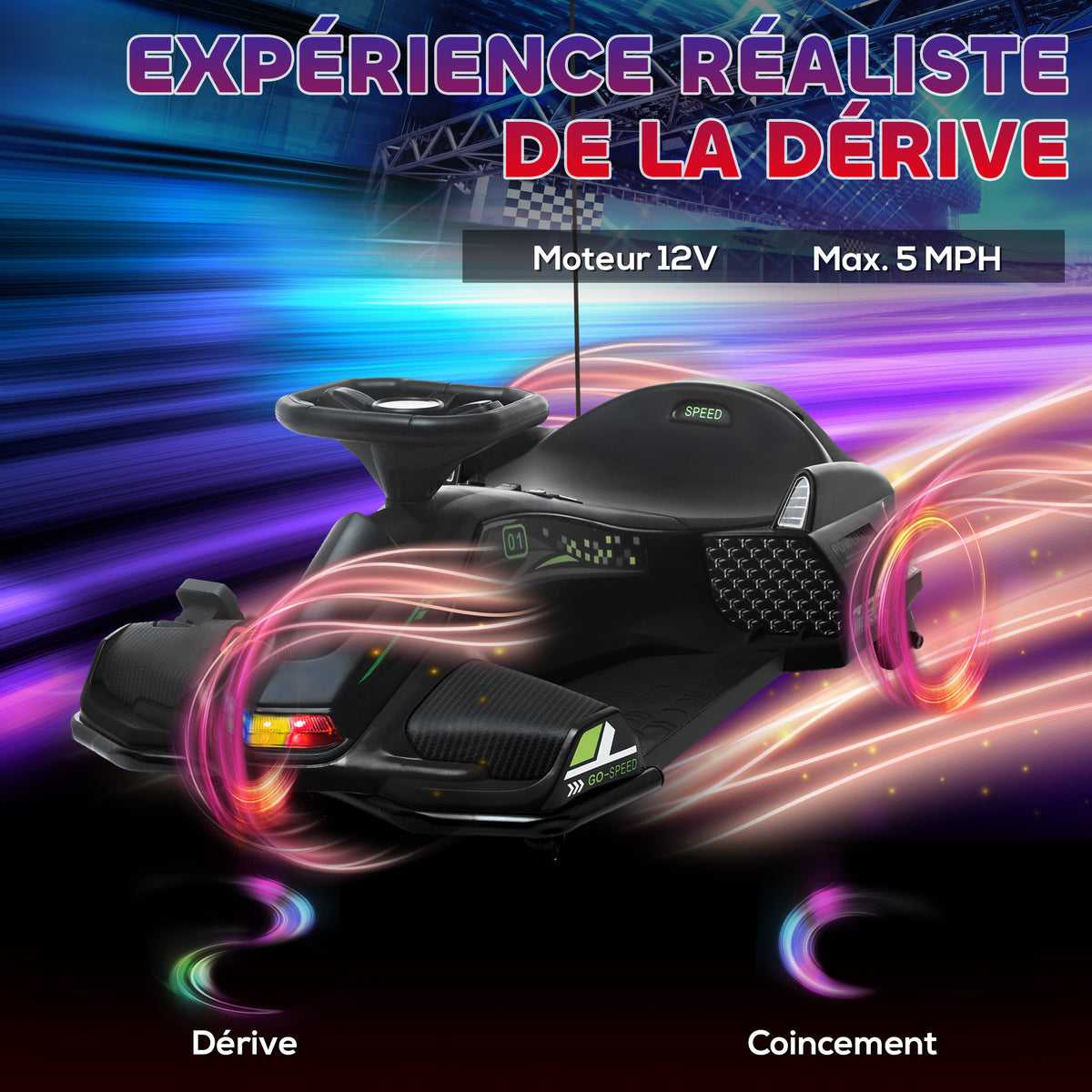 Kart électrique pour enfant 12V, karting enfant, vitesse réglable 3-8 km/h, mode de dérive, 90 x 53 x 99 cm, noir-3