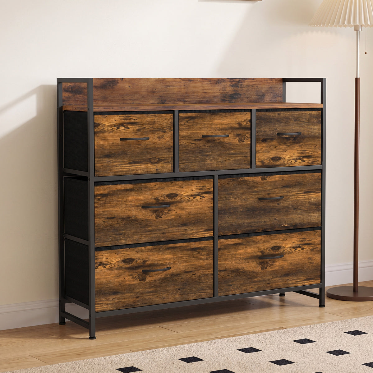 Commode 7 Tiroirs en Tissu Pliables, Commode Chambre Adulte avec Plateau Supérieur et Cadre en Acier, Brun Rustique-1