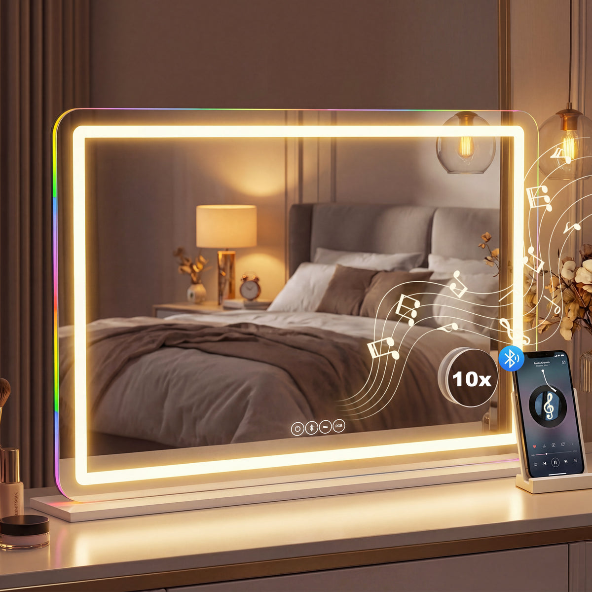 Miroir maquillage lumineux 80x60cm, miroir coiffeuse LED dimmable, lumière RGB, 3 températures de couleur, blanc-1