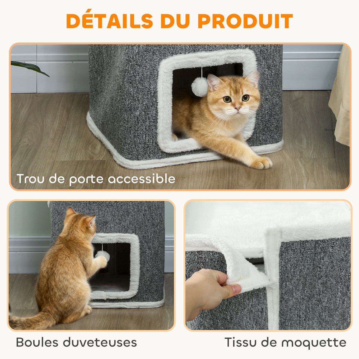 Tour pour chat 4 niveaux, arbre à chat stable boules de jeu plateforme supérieure bord en peluche, 41x 41 x 100 cm, gris-4