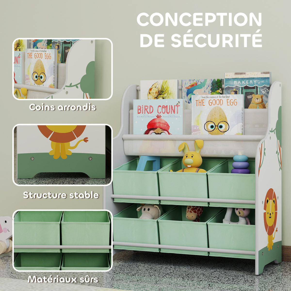 Meuble rangement enfant, rangement jouet enfant, 6 tiroirs en tissu et étagère à deux niveaux, 63x30x71cm, vert-4