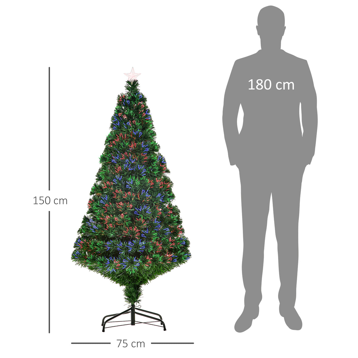 Sapin Noël Artificiel Lumineux 150H cm Fibre Optique Multicolore + Support Pied 180 Sommet Brillante Vert-2
