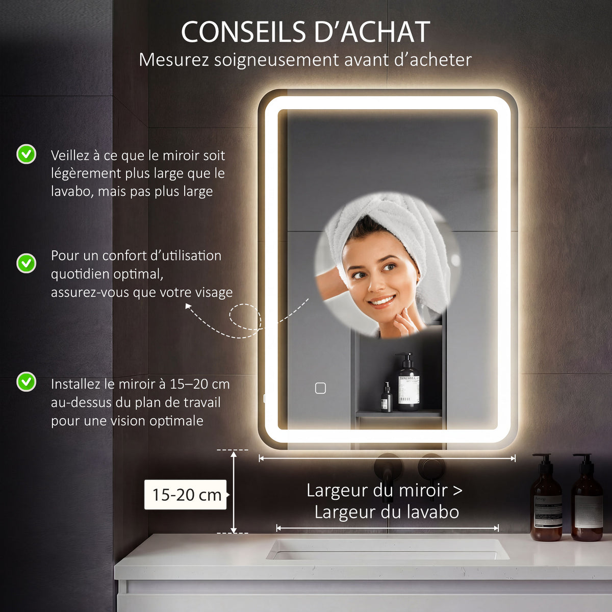 Miroir de salle de bain 60 x 80 cm, miroir LED mural avec 3 couleurs lumière, dimmable, mémoire, anti-buée, argent-3