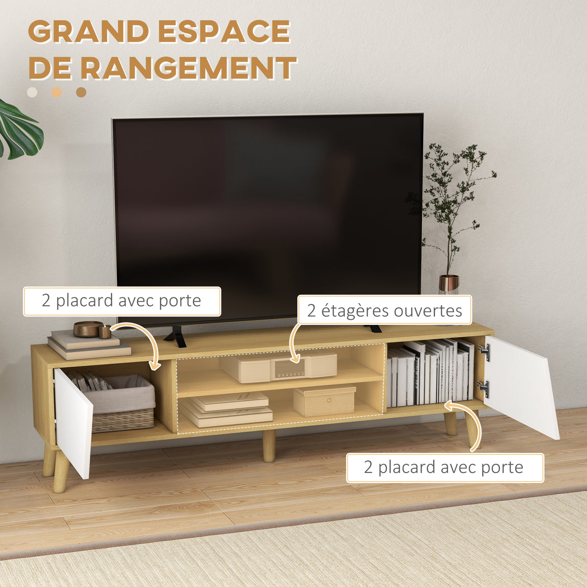 Meuble TV pour télévision jusqu'à 65 pouces design scandinave 2 portes 2 niches avec passe-câbles 150 x 30 x 42 cm-4