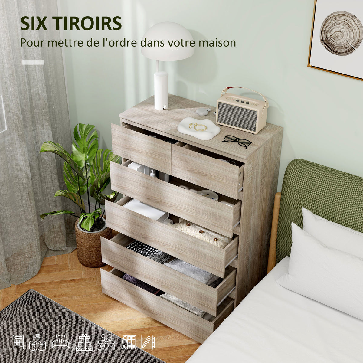 Commode 6 tiroirs meuble de rangement sans poignées design minimaliste 80 x 39 x 115 cm bois naturel-4