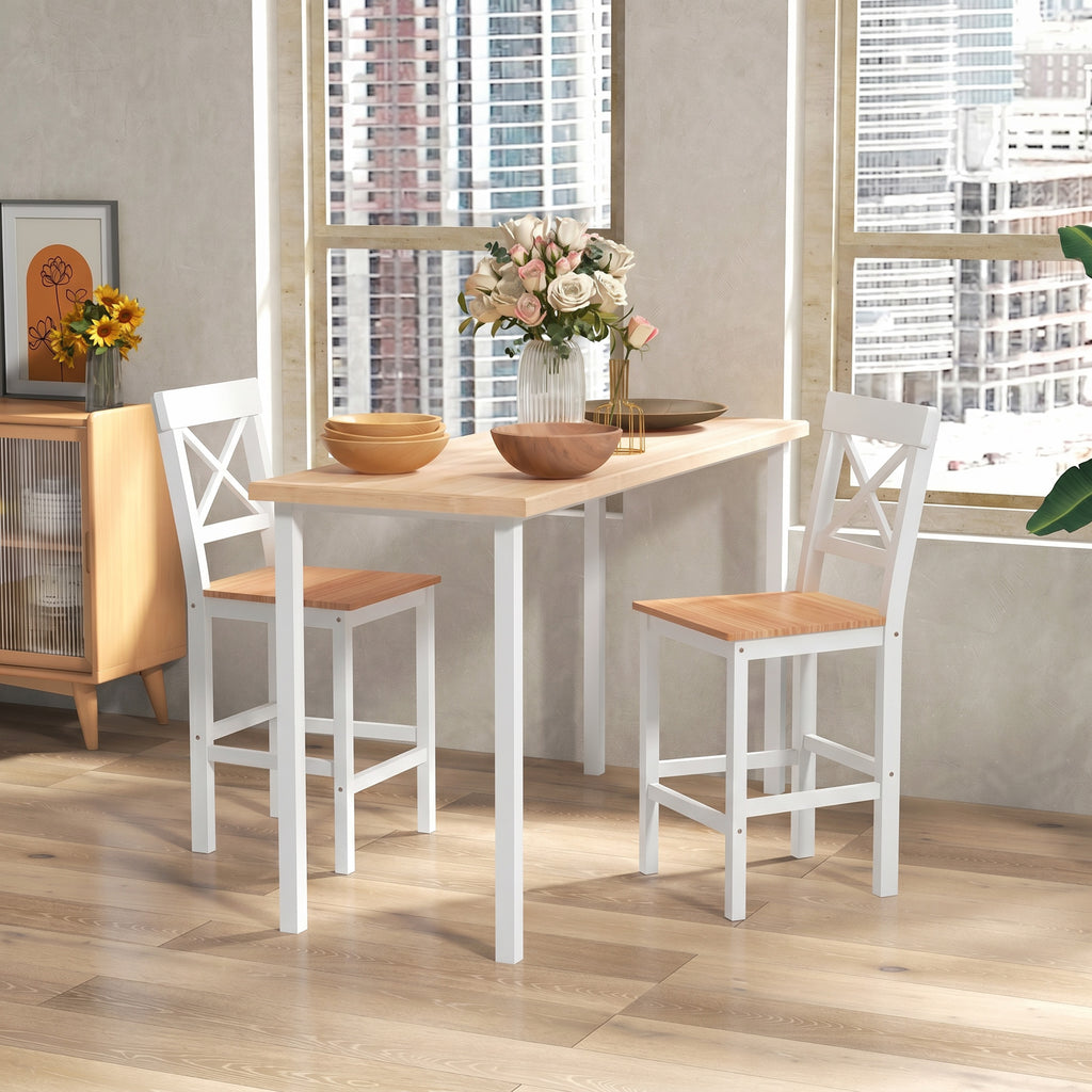 Lot de 2 tabourets de bar, chaises hautes campagne, dossier haut et repose-pieds, 41x46x97,5cm, blanc et bois naturel-8