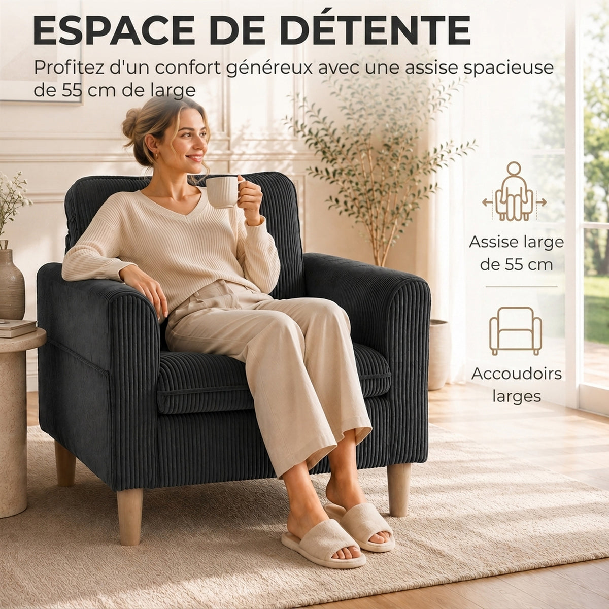 Fauteuil de salon en velours côtelé, canapé 1 place rembourré, assise large, coussin à ressorts, 83x74x87cm, Gris Foncé-3