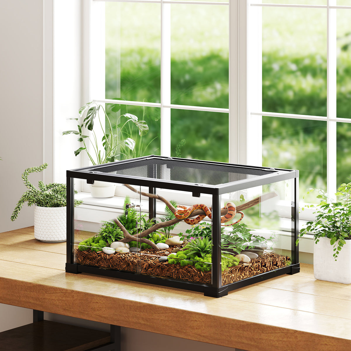 Terrarium en verre pour reptile enclos pour hamster 86 L ventilation supérieure porte coulissante 50,8x30,5x35,6cm noir-1