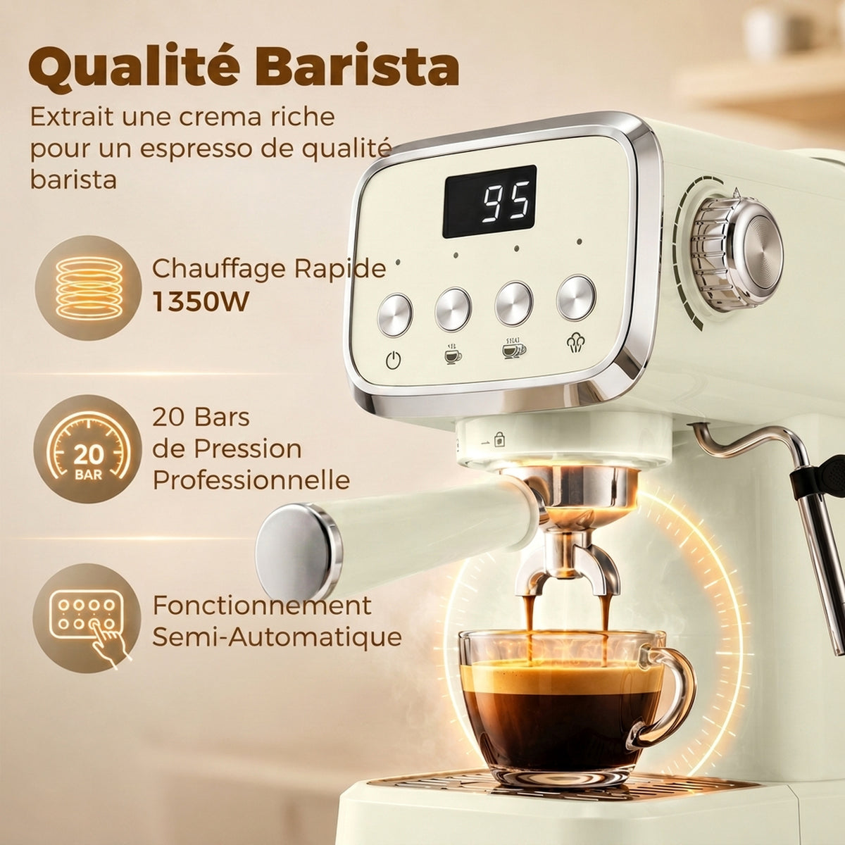 Machine à Expresso avec Buse Vapeur à Mousse de Lait, Cafetière 20Bars, Réservoir d'Eau Amovible 1,2 L, Crème-3