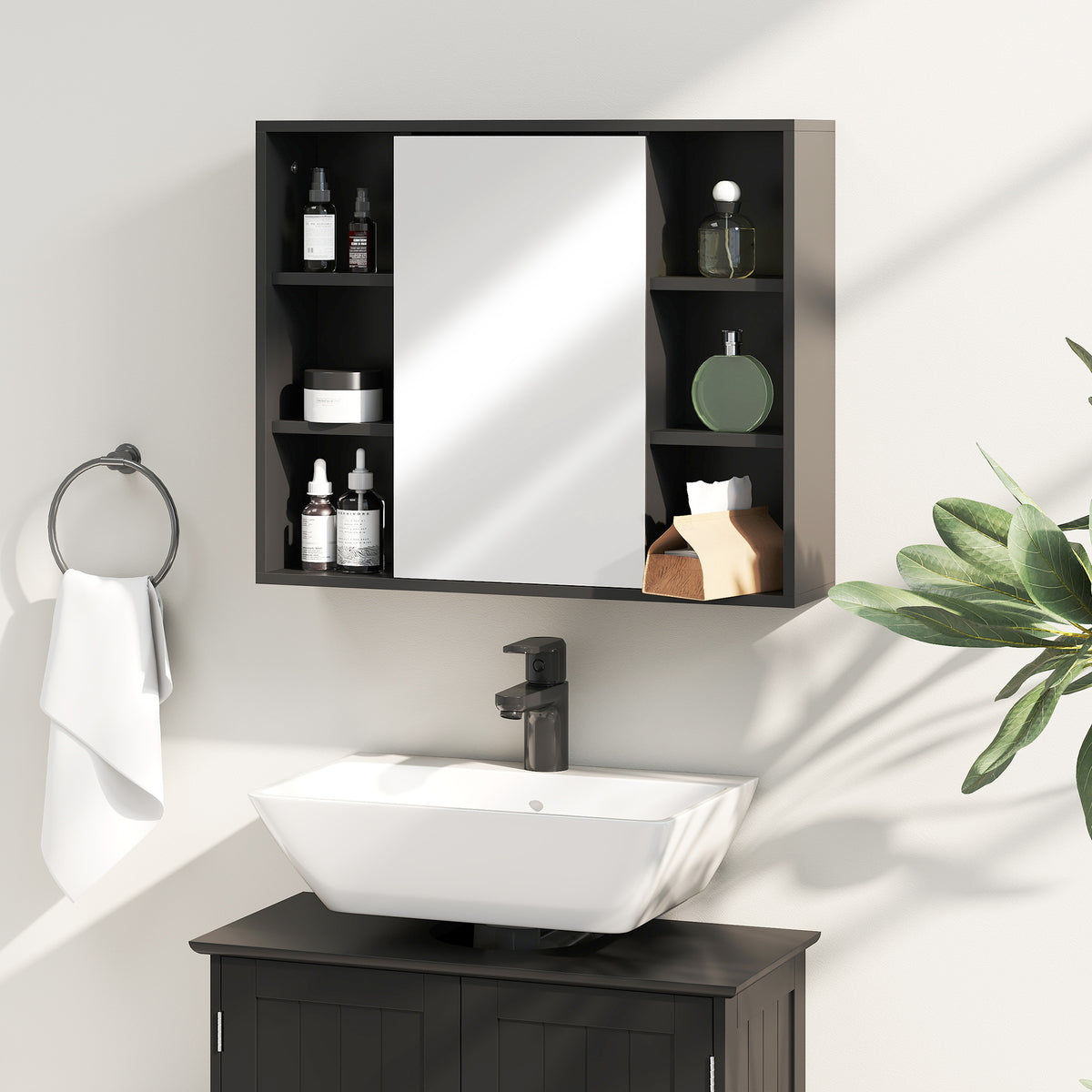 Meuble salle de bain avec miroir, placard à portes et 6 compartiments ouverts, 60 x 14,5 x 49,4 cm, noir-7